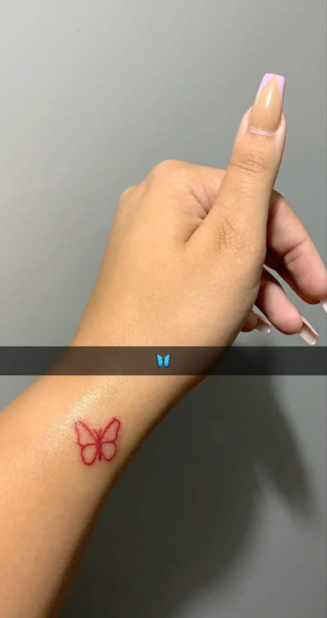 Aesthetic Tattoos Red Ink, Red Stick N Poke Tattoo, Tattoo Ideas Female Small Unique Hand, Cute Small Red Tattoos For Women, Red Ink Stick And Poke, Small Tats With Meaning, Stick And Poke Butterfly Tattoo, Butterfly Stick And Poke Tattoo, Butterfly Tattoo Stick And Poke