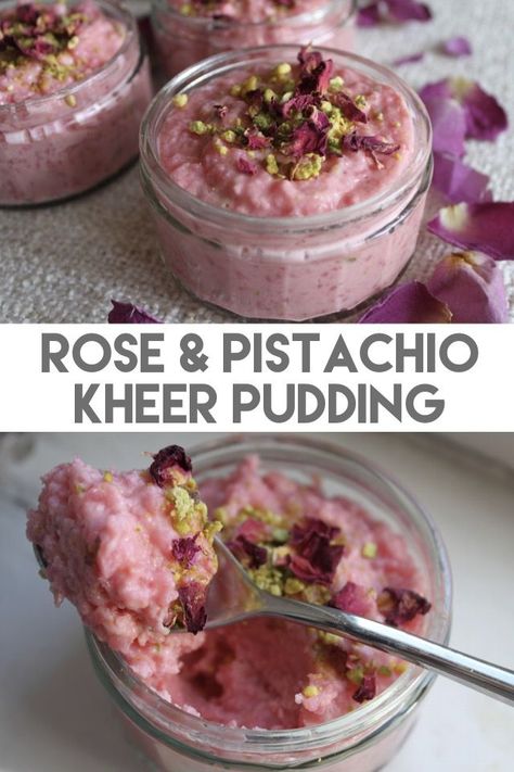 How to make traditional Indian or Pakistani Kheer pudding but with rose syrup and pistachios. Like a Turkish Delight flavour! The perfect Indian dessert. Full recipe in link. Rose And Pistachio, Pakistani Desserts, Easy Indian Dessert, Pistachio Dessert, Rose Syrup, Pudding Dessert, Rose Recipes, Pistachio Pudding, Thanksgiving 2020