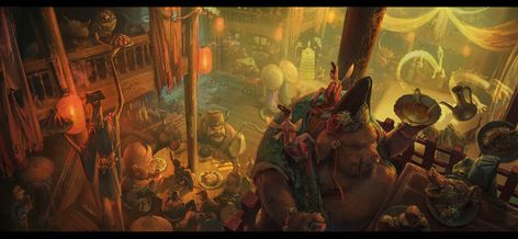 ArtStation - The Monster's tavern, yangyang sui #YangyangSui #digital #art #pig #myth #fantasy #concept #design #hotel #snake #restaurant #crowded #night #lights Fantasy Hotel, Hotel Concept, Restaurant Concept, Gathering Place, Fantasy Art Landscapes, Original Wallpaper, Fantasy Inspiration, World Art, Painting Projects