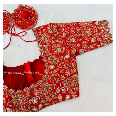 Intricately embroidered Red Bridal blouse Full Maggam Work Blouse Designs Latest, Maggam Work Design On Red Blouse, Red Colour Bridal Blouse Designs, Full Work Blouse Designs Latest, Red Bridal Maggam Work Blouse, Red Blouse Work Designs Pattu Bridal, Red Maggam Blouse Designs, Muhurtham Saree Blouse Designs, Red Embroidery Blouse