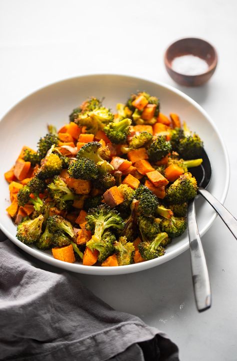 Roasted Sweet Potatoes and Broccoli Roasted Broccoli And Sweet Potatoes, Roasted Sweet Potatoes And Broccoli, Sweet Potato And Broccoli, Sweet Potatoes And Broccoli, Glucose Goddess, Potatoes And Broccoli, Protein Options, Grilled Sweet Potatoes, Crispy Sweet Potato