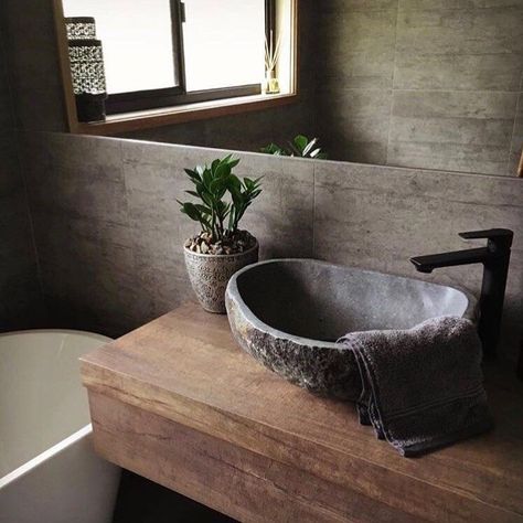 Natural Stone Vessel Sink, Stone Bathroom Basin, Stone Toilet Design, Stone Basin Sink, Stone Bathroom Sink Ideas, Bathroom With Stone Sink, Natural Stone Sink Bathroom, Stone Bowl Sink, Concrete Wood Bathroom