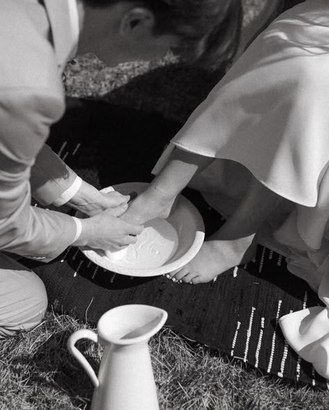 Feet washing wedding photo. Intimate ceremony and first look moment. black and white wedding photos. Midwest wedding Unity Ceremony Feet Washing, Washing Each Others Feet Wedding, Feet Washing Wedding Ceremony, Groom Helping Bride Get Ready, Washing Of The Feet Wedding, Feet Washing Ceremony Wedding Meaning, Footwashing Ceremony Wedding, Wedding Feet Washing Ceremony, Wedding Washing Feet Ceremony