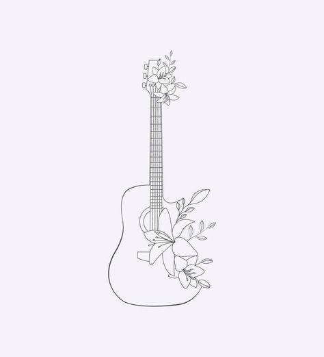 Flower Guitar Flat Hand Drawn Line Art Illustration Musical Instrument Art Guitar Tattoo With Flowers, Mini Guitar Tattoo, Simple Guitar Drawing, Tattoo Music Ideas, Music Line Art, Guitar With Flowers, Guitar Line Art, Guitar Doodle, Musical Illustration