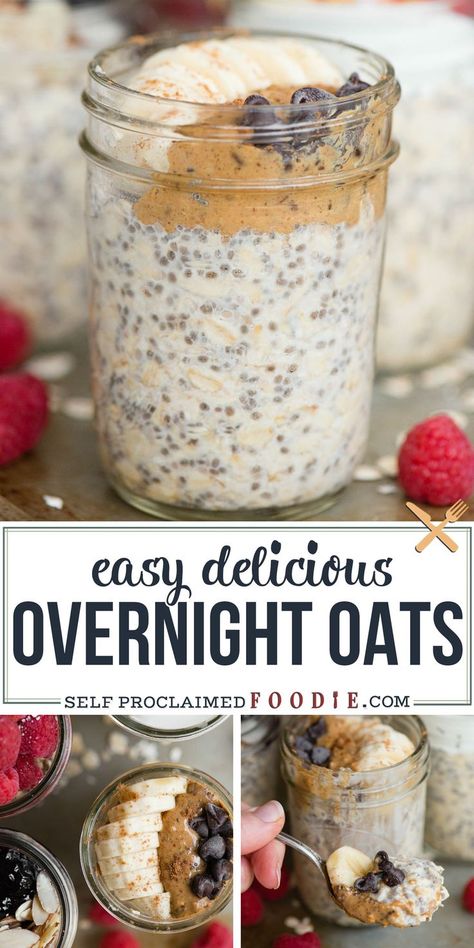 Overnight Oats are made with four simple ingredients. An easy healthy breakfast recipe tastes great and can be transformed with add-ins and toppings! This is the best grab-and-go breakfast and is perfect for busy families. #overnightoats #chiaseed #oatmeal #vegan #almondmilk #maplesyrup #breakfast #healthy Overnight Oats Portion, Simple Overnight Oats Recipe No Yogurt, Overnight Oats Oatmilk, Overnight Healthy Breakfast, Thick Overnight Oats, Overnight Oats Healthy Low Calorie, Clean Eating Overnight Oats, Overnight Oats Without Yogurt, Recipes Overnight Oats