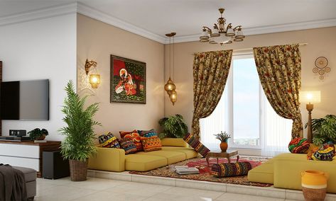 Indian Sitting Living Rooms, Rajasthani Home Interior, Floor Sitting Ideas For Living Room, Rajasthani Interior Design Living Room, Rajasthani Style Interior Design, Rajasthani Room Decor, Hall Ideas Indian, Indian Seating Designs, Floor Seating Living Room Indian