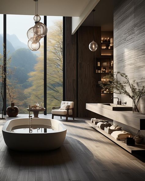 Which contemporary Japanese bathroom are you choosing? #interior #interiordesign . We design spaces for clients worldwide, find out more on our website, link in bio! Bathroom Landscape, Japanese Bathroom, Cozy Home Office, Spa Room, Commercial Interior Design, Dream Houses, Sims House, House Architecture Design, Website Link