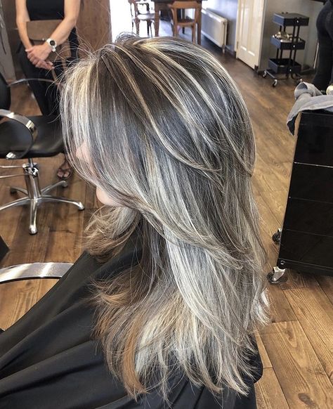 Brown Hair With White Balayage, Frosty Highlights On Brown Hair, Grey Highlights Brown Hair, Brown Hair With Grey Highlights Silver, Silver Highlights Brown Hair, Grey And Blonde Highlights, Warm Grey Hair, Brown With Platinum Highlights, Hide Gray Hair With Highlights Brunettes