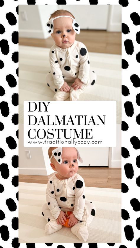 This quick and easy DIY Dalmatian costume is the perfect Halloween costume for babies and toddlers! No sewing required! Infant Dalmation Costume Diy, Newborn Dalmatian Costume, Infant Dalmation Costume, Easy Dalmation Costume, Easy Baby Boy Halloween Costumes Diy, Homemade Dalmatian Costume, Baby Dalmation Costume Diy, Diy Baby Dalmation Costume, Easy Diy Infant Halloween Costumes