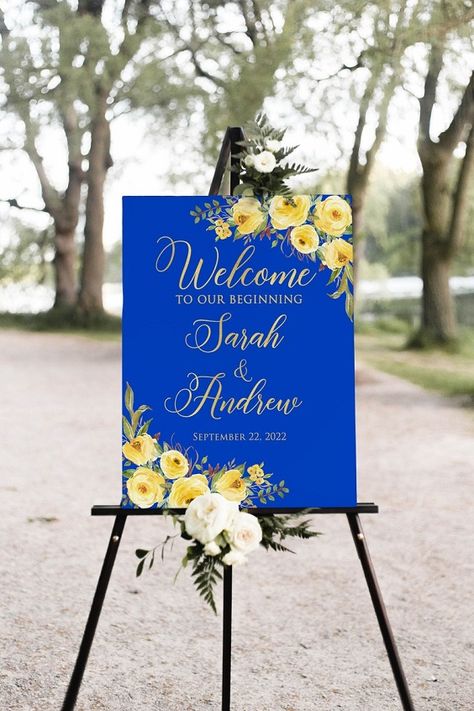 Royal Blue And Yellow Wedding Theme, Royal Blue And Yellow Wedding, Mehndi Theme, Welcome To Our Beginning Sign, Yellow And Blue Wedding, Fairytail Wedding, Welcome To Our Beginning, Mustard Yellow Wedding, Blue And Yellow Wedding