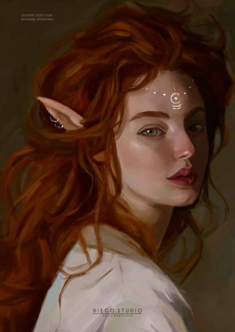 Red Hair Elf, Red Hair Ginger, Elf Drawings, Hair Ginger, Dnd Elves, Woodland Elf, Red Curly Hair, Elves Fantasy, Female Elf