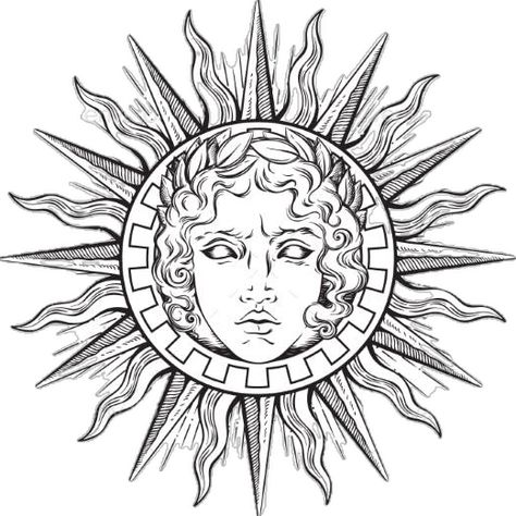 Sun With Face, Face Of God, God Apollo, Print Design Art, Design Vector, Flash Tattoo, Antique Style, Hand Drawn, Vector Illustration