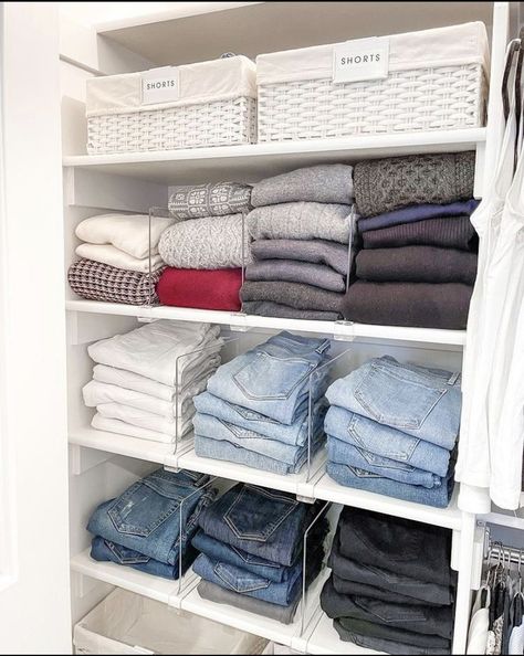 [Promotion] 89 Most Popular Closet Organization Ideas Aesthetic Advice You'll Be Impressed By This Winter #closetorganizationideasaesthetic Wardrobe Organisation Shelves, Denim Closet Organization, Clothes Cupboard Organization, Jeans Organization Ideas, Cupboard Organization Clothes, Closet Organization Ideas Aesthetic, Organization Ideas Aesthetic, Clear Shelf, Shelf Divider