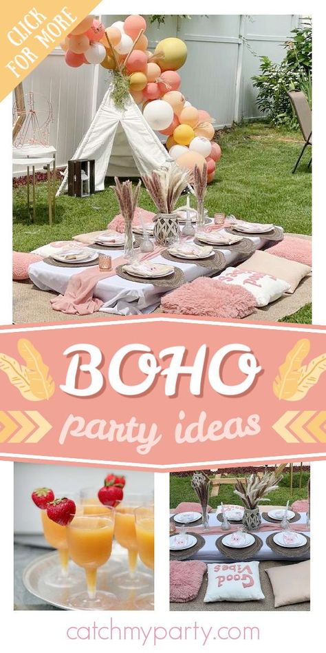 Take a look at this beautiful boho brunch! The table settings are stunning! See more party ideas and share yours at CatchMyParty.com Boho Birthday Party Food Ideas, Boho Tea Party Birthday, Boho Brunch Ideas, Boho Lunch Party, Boho Food Ideas, Boho Party Food, Boho Food, Boho Brunch, Rehearsal Dinner Menu