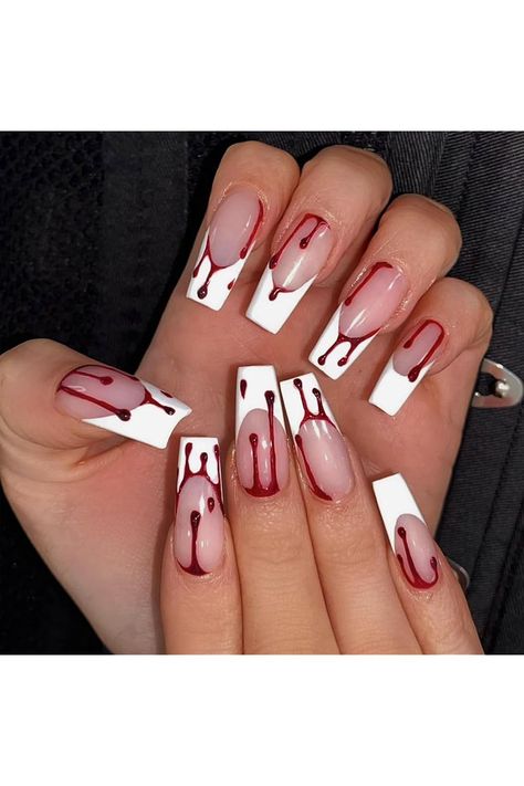 Halloween French Tip Press on Nails Medium Coffin Fake Nails Blood Design Acrylic Full Cover False Nails Artificial Nails Glossy Glue on Nails Stick on Nails for Women Manicure 24Pcs Fake Nails White, Long Press On Nails, Halloween Press On Nails, Halloween Acrylic Nails, Coffin Press On Nails, Nails For Women, Halloween Nail Designs, Nails Long, Halloween Nail Art