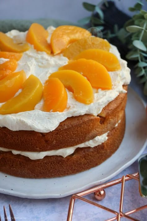 Peaches and Cream Cake! - Jane's Patisserie Peaches And Cream Cake Recipe, Peaches And Cream Cake, Cake Recipes Uk, Janes Patisserie, Cream Cake Recipe, Mango Cheesecake, Peach Syrup, Peach Cake, Cake Recipes From Scratch