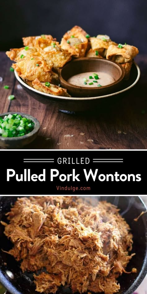 Delicious, crispy, Pulled Pork Wontons. We veer from the traditional Chinese wonton soup and instead fill our wrapper with leftover Smoked Pulled Pork, barbecue sauce, cheese, and onions. Sometimes some of the best meals are made from leftovers.