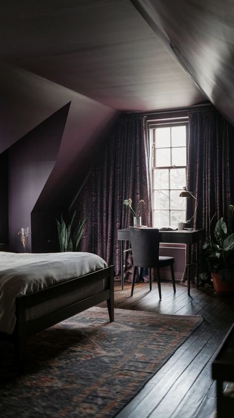 How to Create a Cozy Atmosphere with Dark Attic Bedroom Designs - AshiFinds Dark Vaulted Ceiling Bedroom, Black Attic Room, Painted Slanted Ceiling Bedroom, Victorian Attic Bedroom, Moody Attic Bedroom, Dark Attic Bedroom, Angled Roof Bedroom, Low Sloped Ceiling Bedroom, Attic Reading Nook