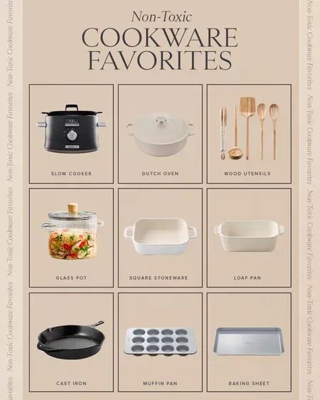 HOME \ non-toxic cookware favorites for the kitchen cooking and baking for better health. Shop my favorite finds! | SBK Living Non Toxic Pots And Pans, Non Toxic Kitchen Essentials, Cookware Aesthetic, Kitchen Utensils Aesthetic, Nontoxic Cookware, Non Toxic Kitchen, Toxic Cookware, Non Toxic Home, Toxic Household