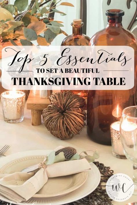 The 5 tabletop essentials you need to see a beautiful Thanksgiving table. You'll reuse these basic necessitities year after year! #thanksgivingtablesettings #thanksgivingtabledecorations #thanksgivingtablescapes Thanksgiving Prep Ahead, Thanksgiving Countdown, Thanksgiving Entertaining, Thanksgiving Prep, Diy Fall Wreath, Thanksgiving Table Settings, Thanksgiving Tablescapes, Thanksgiving Centerpieces, Thanksgiving Table Decorations