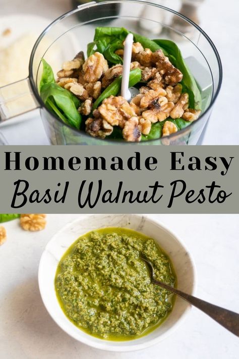 This homemade basil walnut pesto comes together in less than 10 minutes. Perfect for pasta, sandwiches, soups, and more! | basil pesto recipe | how to make pesto | walnut basil pesto recipe | #basilpesto | pipingpotcurry.com Pesto With Walnuts Recipes, Basil Walnut Pesto, Basil Pesto Recipe, Basil Pesto Pasta, Make Pesto, Basil Pesto Recipes, Dips Recipes, Vegetarian Instant Pot, Walnut Pesto