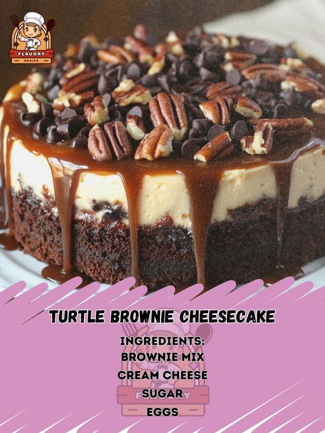 🍫 Dive into decadence with this Turtle Brownie Cheesecake—layers of gooey caramel, chocolate, and pecans! 🐢✨ #TurtleCheesecake #BrownieHeaven Turtle Brownie Cheesecake Ingredients: Brownie mix (1 box, prepared according to package) Cream cheese (16 oz, softened) Sugar (1/2 cup) Eggs (2) Vanilla extract (1 tsp) Caramel sauce (1/2 cup) Pecans (1/2 cup, chopped) Chocolate chips (1/2 cup) Instructions: Preheat oven to 350°F (175°C). Grease a 9-inch springform pan. Prepare brownie mix and pour... Brownie Turtle Cheesecake, Caramel Turtle Brownies, Turtle Cheesecake Brownies, Turtle Brownie Cheesecake, Ultimate Turtle Cheesecake Recipe, Turtle Brownie, Turtle Cheesecake Recipes, Cheesecake Ingredients, Turtle Brownies