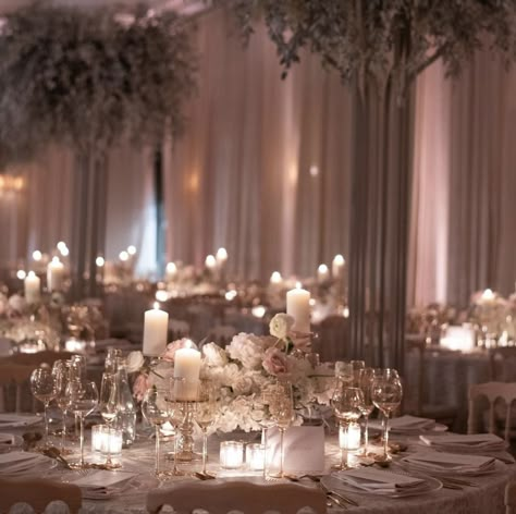 Candle Lit Wedding Reception, Candlelight Wedding Reception, Glamorous Wedding Decor, Ceremony Decorations Indoor, Candlelight Wedding, Uplighting Wedding, Round Wedding Tables, Wedding Table Decor Ideas, Birch Wedding