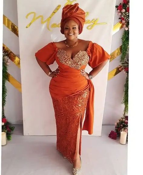 Burnt Orange Lace Dress, Lace Asoebi, Owambe Styles, Asoebi Style, Orange Lace Dress, Nigerian Lace Styles, Native Wears, Peplum Lace, Beautiful Jumpsuits