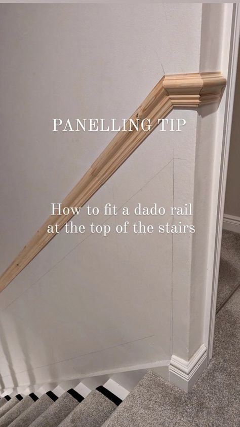 @at_home_with_betty | Stair Panelling Tips - How to fit a dado rail at the top of the stairs This was my first stumbling block when I started the process of... | Instagram Dado Rail Up The Stairs, Paneling Up Staircase, Stairs Moulding Design, Hallway With Dado Rail, Picture Frame Molding Stairs, Stairway Paneling, Dado Rail Hallway, Stair Panelling, Stairway Wainscoting