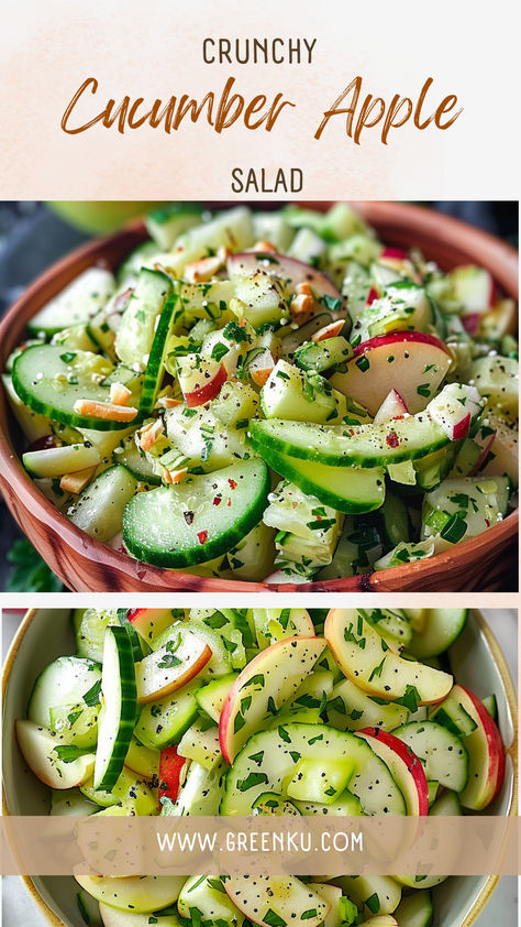 Whip up a batch of our Crunchy Cucumber Apple Salad for a refreshing and flavorful dish that's perfect for any occasion. Simple, crunchy, and oh-so-satisfying! 🥗🍎 #CucumberAppleSalad #HealthyRecipes #EasySalads #FreshFlavors #HomemadeGoodness Fall Cucumber Salad, Crunchy Cucumber And Apple Salad, Cucumber And Apple Salad, Apple Cucumber Salad, Cucumber Apple Salad, Healthy Cold Appetizers, Cucmber Salad, Kale Apple Salad, Apple Salad Recipe