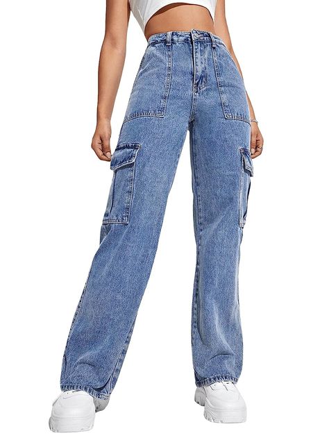 Jeans Pattern, Wide Leg Denim Pants, Baggy Cargo Pants, Straight Leg Denim, Edgy Look, Women Denim Jeans, Cargo Jeans, Wide Leg Denim, Fashion Mode