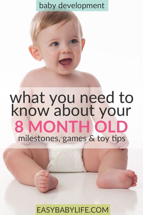 The cute little 8-month-old. Here's a great guide to 8-month-old baby development milestones, tips on games to play and toy tips for 8-month-old babies. 8-month-old baby activities, things to do with an 8-month-old baby, 8-month-old baby tips. #baby Baby Developmental Milestones, Baby Development Chart, Baby Development Milestones, 8 Month Baby, Baby Development Activities, Toddler Milestones, Development Milestones, Newborn Hacks, Baby Learning Activities