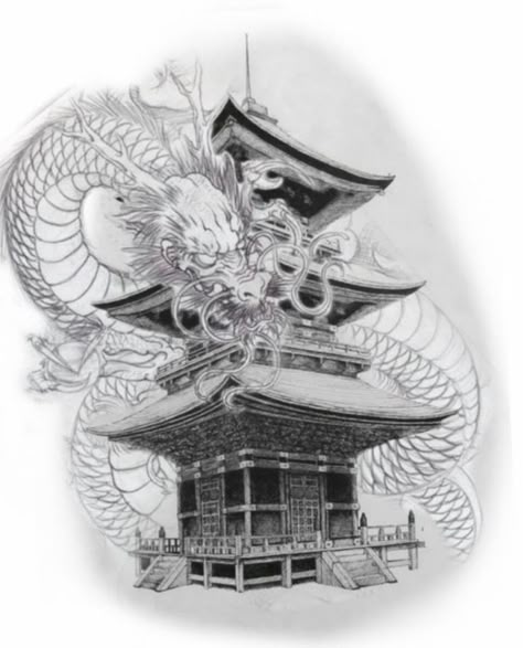 Japanese Temple Tattoo, Drake Tattoos, Koi Tattoo Sleeve, Half Sleeve Tattoo Stencils, Pagoda Temple, Temple Tattoo, Tattoo Japanese Style, Girl Thigh Tattoos, Realistic Dragon