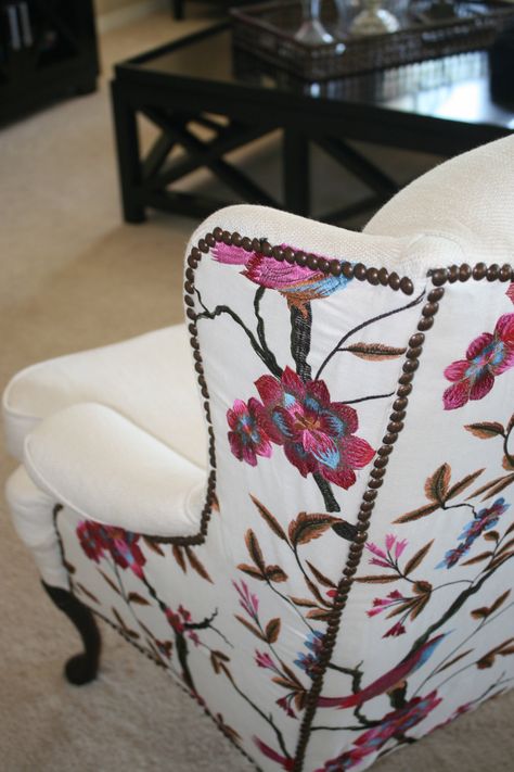 Put the pattern on the back for a truly unique #furnituredesign! #InteriorDesign #Decor #Furniture #Chair Reupholstered Wingback Chair, Wingback Chair Upholstery Ideas, Wing Chair Upholstery Ideas, Fabric For Chairs Upholstery, Wing Chair Upholstery, Bold Fabric, Wing Back Chair, Upholstery Ideas, Reupholster Chair