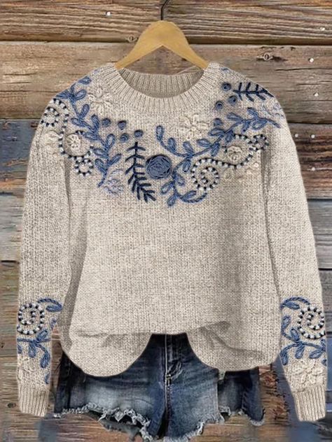 Cottage Core Fashion, Dress Pants Outfits, Embellished Clothing, Floral Art Print, Wool Embroidery, Cozy Knit Sweater, Floral Sweater, Embroidered Clothes, Embroidered Sweater