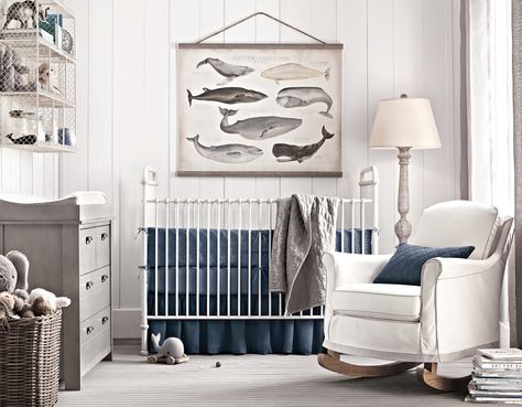 The Scientific Whale Tapestry ($169), which pairs nicely with the curves of the Roll Arm Rocker ($879-$1,279, originally $1,099-$1,599) Baby Boy Nursery Room Design, Iron Crib, Nursery Ideas Boy, Nursery Blue, Nautical Ideas, Restoration Hardware Style, Room Boy, Restoration Hardware Baby, Whale Nursery