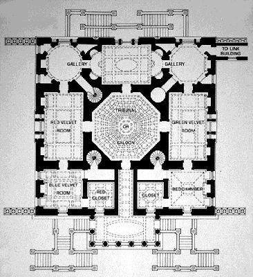 English Neo- Palladian and GeorgianFloor Plans- The typical rectangular block main house still dominates the site. Imiatating the tripartaite compositions of Palladio, some larger examples may have wings with smaller dependencies. Large and small houses have either double-pile plans with halls running lengthwise or adapted Palladian plans. The integration of rectangular, square, oval, elliptical, and hexagonal spaces or rooms with apsial ends appears.  Chiswick Plan Chiswick House, Ceiling Details, English Architecture, Andrea Palladio, British Architecture, Georgian Architecture, House London, London Architecture, Architecture Images