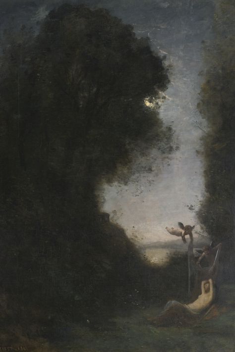 corot, jean-baptiste-camille le so ||| other ||| sotheby's n09143lot736bzen Dark Impressionism, Paintings Dark, Atmospheric Art, French Impressionism, Museum Studies, Moonlight Painting, Dark Tree, Kampot, Deep Art