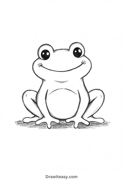 A simple, smiling frog with large, shiny eyes is sitting in a relaxed posture, drawn in a minimalist style with clean lines and subtle shading. Frog Easy Drawing, Cartoon Frog Drawing, Simple Frog Drawing, Frog Line Drawing, Black And White Frog, Easy Frog Drawing, Frogs Drawing, Frog Drawing Ideas, Cute Frog Drawing