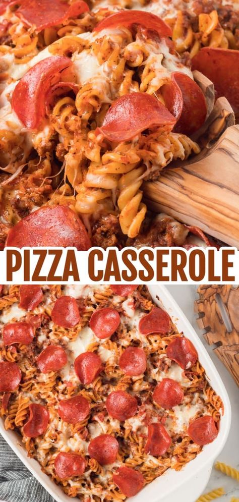 Pizza Casserole is a delicious baked rotini pasta loaded with ground beef, pizza sauce, pepperoni and mozzarella cheese. Pepperoni And Pasta Recipes, Rotini Casserole Recipes, Pizza Sauce Uses, Ground Beef Pizza Casserole, Ground Beef And Pepperoni Recipes, Rotini Ground Beef Recipes, Rotini And Ground Beef Recipes, Rotini Pasta Recipes With Ground Beef, Rotini Pasta Recipes Beef