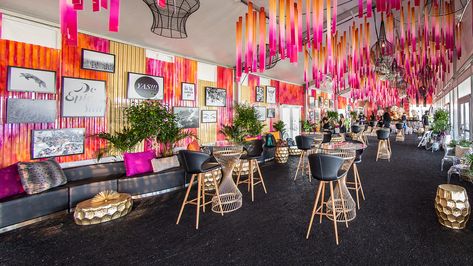 Fringe Ceiling, Salon Color Schemes, Fishbowl Centerpiece, Event Lounge, Colorful Event, Reclaimed Wood Bars, Orange Color Schemes, Vip Lounge, Retail Inspiration