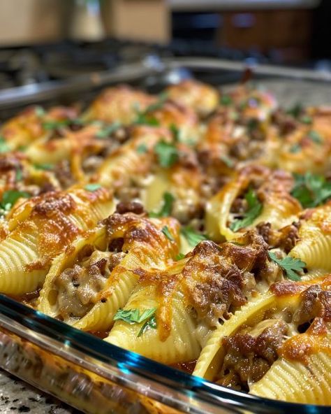 Easy Main Dishes For A Crowd, Pot Luck Meals, Dinners For A Crowd, Main Dish Meals, Mexican Shells, Cooktop Cove, Taco Shells, Beef Casserole Recipes, Potluck Dishes