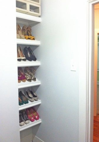 Designer Shoe Shelves on a Budget Closet Shoe Shelves, Diy Shoes Rack, Shoe Shelving, Shoe Shelf Diy, Shoes In Closet, Shoes Rack Ideas, Shelves For Shoes, Shoe Shelf In Closet, Diy Shoe Rack Ideas