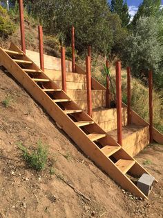 Steep hillside terraces with staircase, to be turned into a chicken coop. Sloped garden beds. DIY terraced beds. Sloped Backyard Landscaping, Landscaping A Slope, Landscaping On A Hill, Sloped Yard, Hillside Garden, Sloped Backyard, Garden Stairs, Tiered Garden, Hillside Landscaping