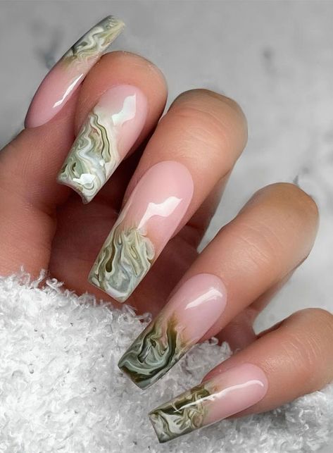 sage green marble nails with gold accent, pink and gold marble nails, nail art designs 2021, nail ideas 2021, marble nails 2021 Sage Green Marble Nails, Sage Green Marble, Green Marble Nails, Nail Design Glitter, Green Acrylic Nails, Marble Nail Designs, Marble Nails, Fire Nails, Green Marble