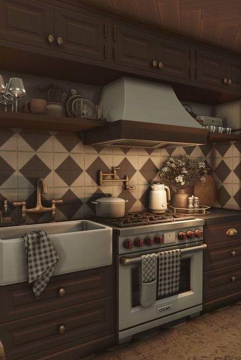 Late Night Cooking, Academia Kitchen, Dark Academia Kitchen, Academia House, Sims Aesthetic, Bloxburg Cottage, Sims 4 Kitchen, Sims 4 House Plans, Sims 4 House Building