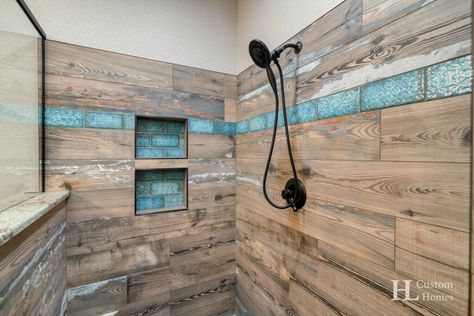 Western Shower Ideas Bathroom, Gray Barndominium, Home With Garage, Wood Tile Shower, Rustic Bathroom Shower, Western Bathroom, Colorado House, Creative Tile, Teal Bathroom