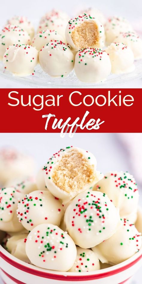 These Sugar Cookie Truffles are a delicious truffle treat made from, you guessed it, sugar cookies. Just dunk them in melted chocolate and top them sprinkles. Truffles Christmas, Sugar Cookie Truffles, Christmas Confections, Cookie Truffles, Christmas Yummies, No Bake Sugar Cookies, Candy Corn Cookies, Truffle Cookies, Cookie Balls