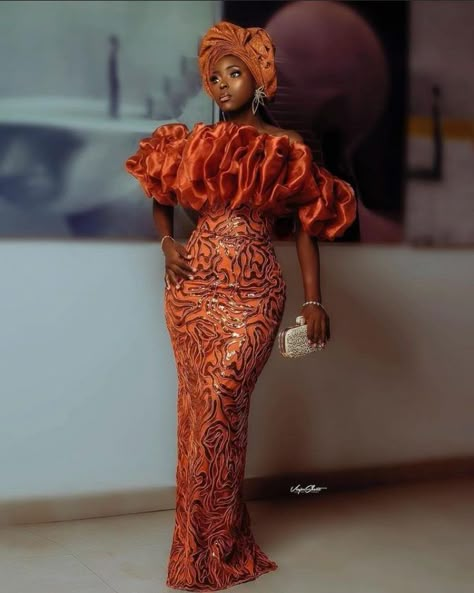 Stunning And Best Styles For Burnt Orange Asoebi Fabrics. Asoebi Gown Styles, Lace Dress African, Burnt Orange Lace Dress, Straight Gown, Wedding Dress Ruffle, Stylish Business Outfits, African Gowns, Aso Ebi Lace, Official Makeup