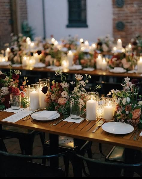 Wedding Dining Tables, Long Table For Wedding, Long Table Wedding Tablescape, September Florals Wedding, Wedding Table Candles And Flowers, September Wedding Aesthetic, Wooden Wedding Table Decor, Long Wooden Table Wedding Decor, Long Table Wedding Layout